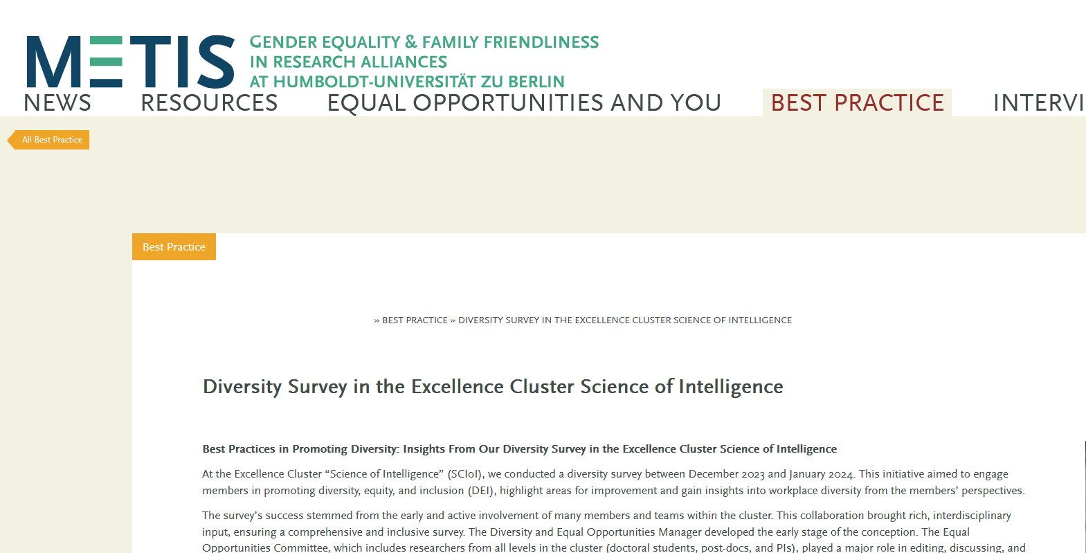 Diversity Survey in the Excellence Cluster Science of Intelligence