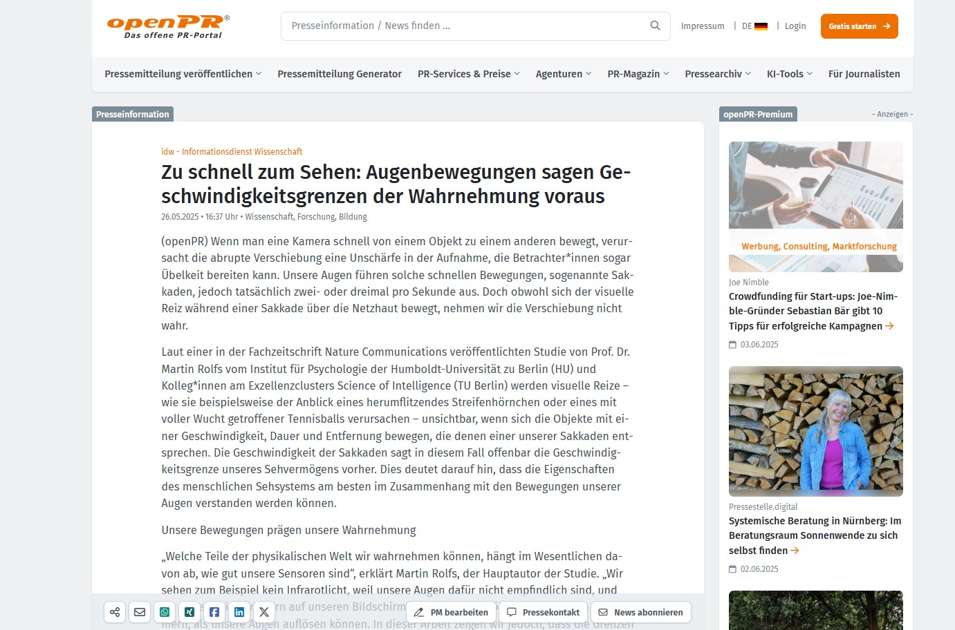 Zu schnell zum Sehen: Augenbewegungen sagen Geschwindigkeitsgrenzen der Wahrnehmung voraus